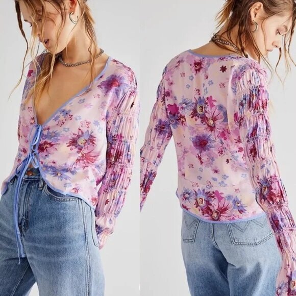 Free People Tops - Free People Venice Printed Floral Top Tie V-Neck Blouse Large